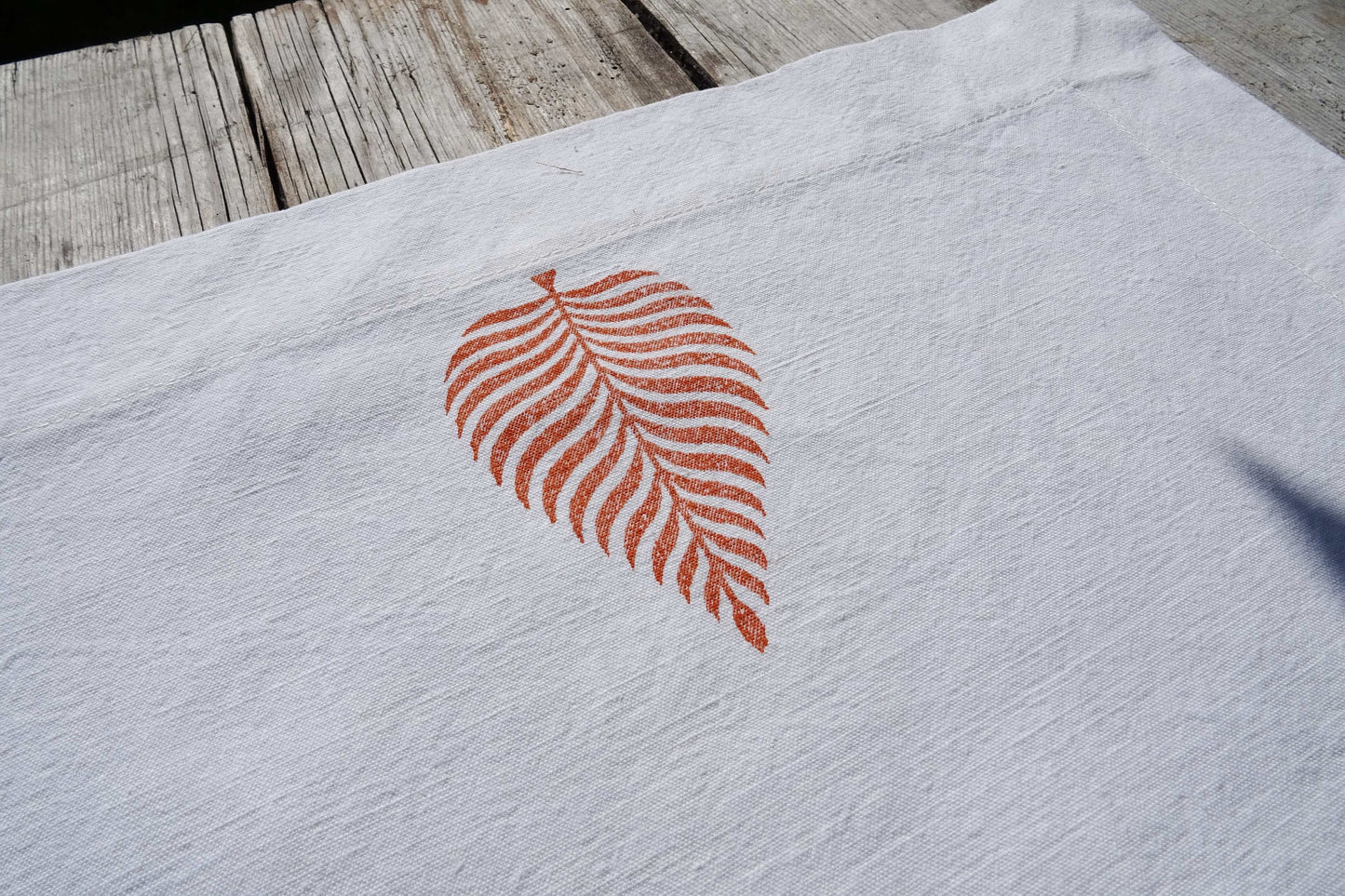 Long vintage French linen table runner, hand block printed leaf design