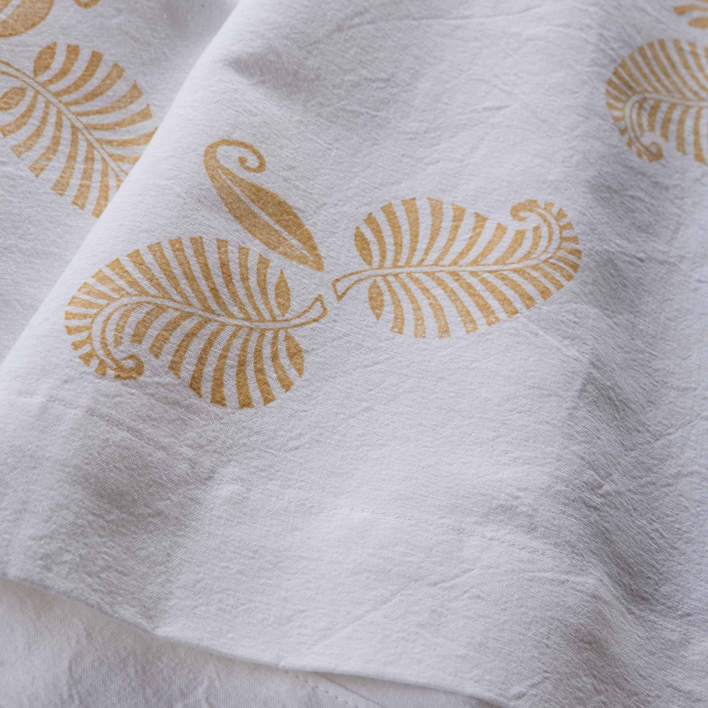 Vintage French linen table runner, hand block printed leaf design