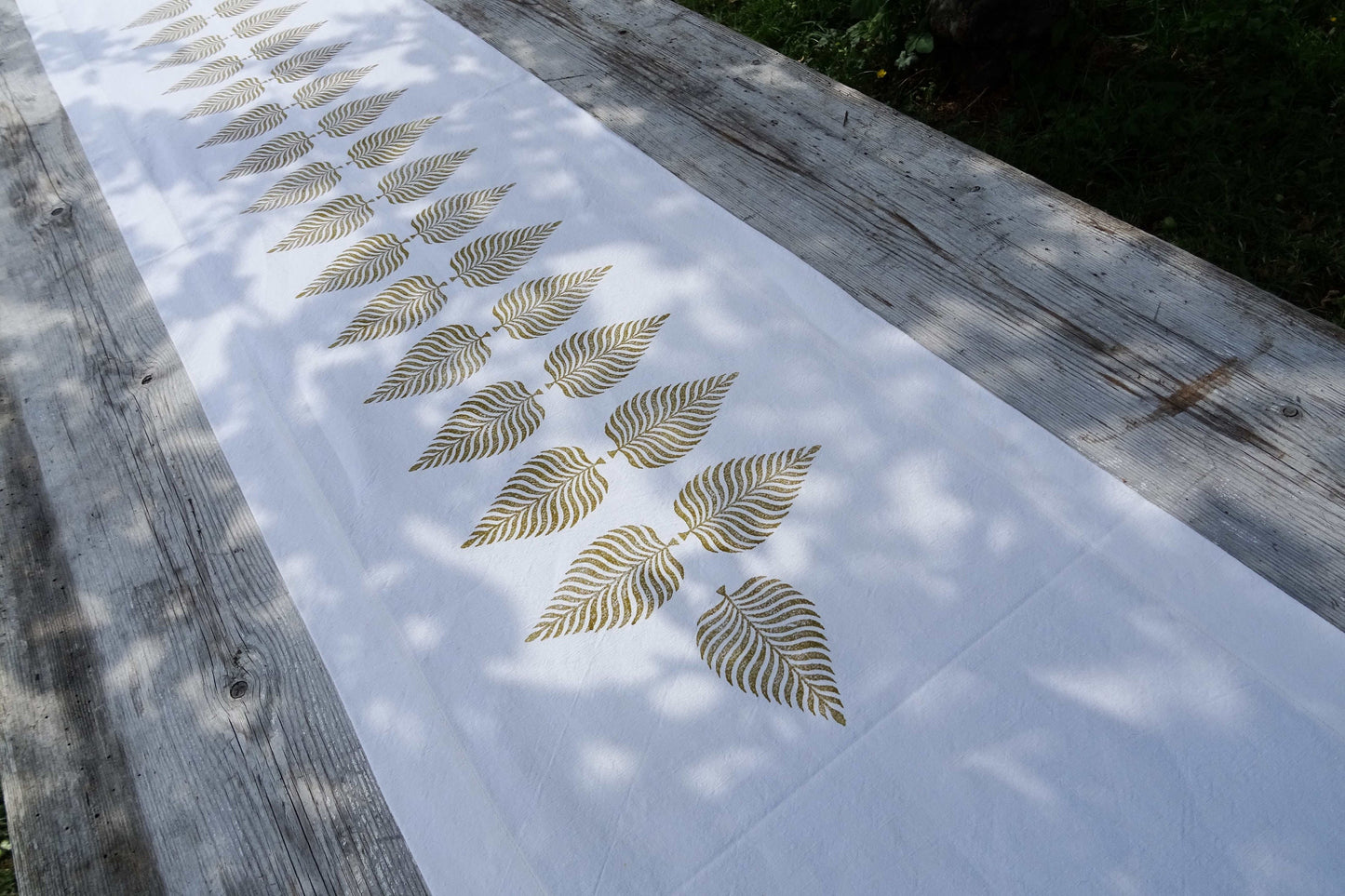 Long vintage French linen table runner, hand block printed fern leaf design