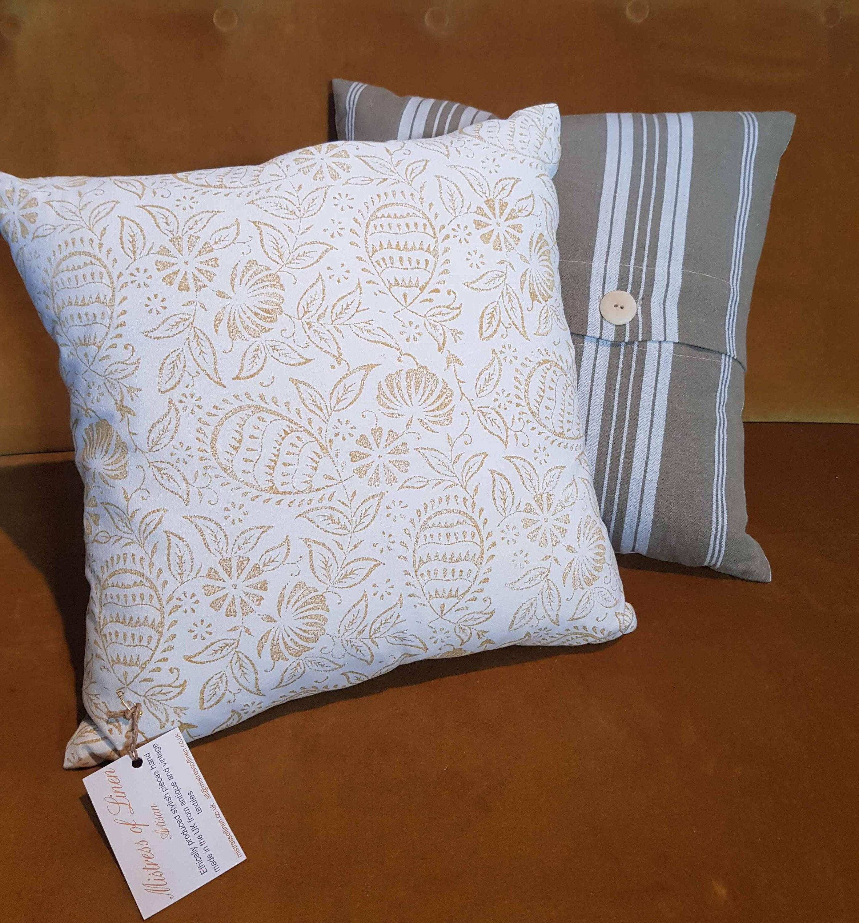Hand made printed cushion cover,  antique French linen