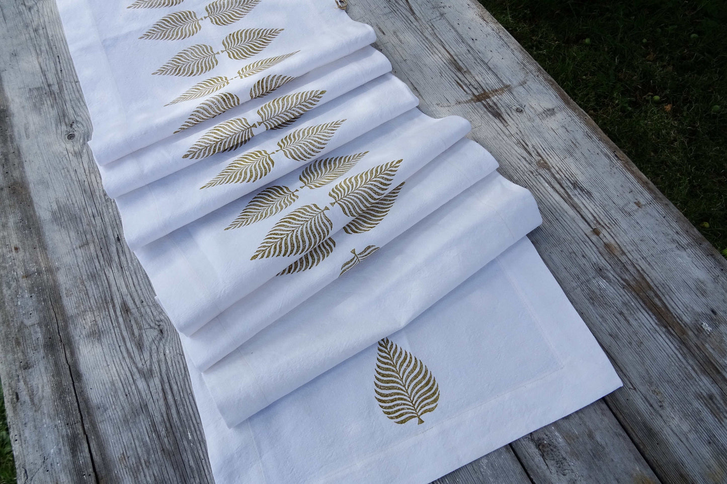 Long vintage French linen table runner, hand block printed fern leaf design