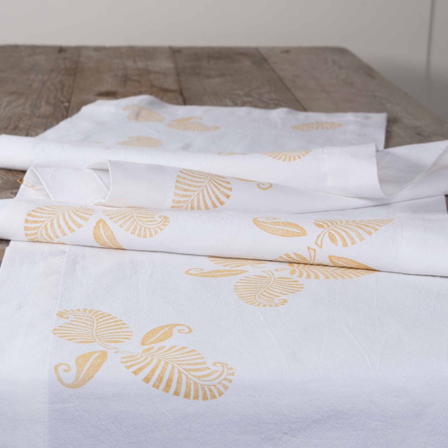 Vintage French linen table runner, hand block printed leaf design