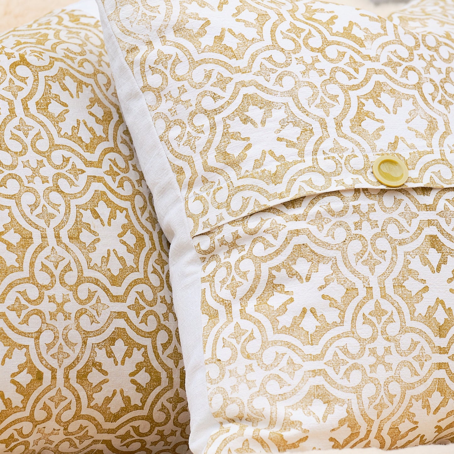 Large hand made cushion cover, block printed antique French linen with vintage buttons