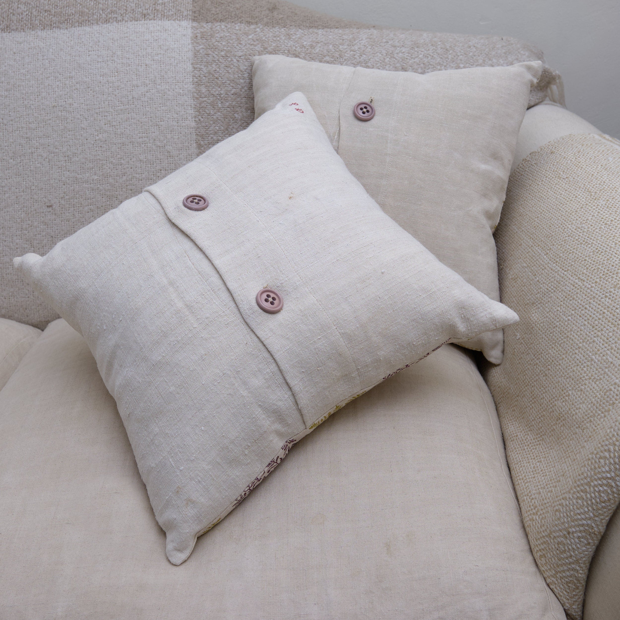Medium hand made cushion cover, block printed antique French hemp with vintage buttons (square)