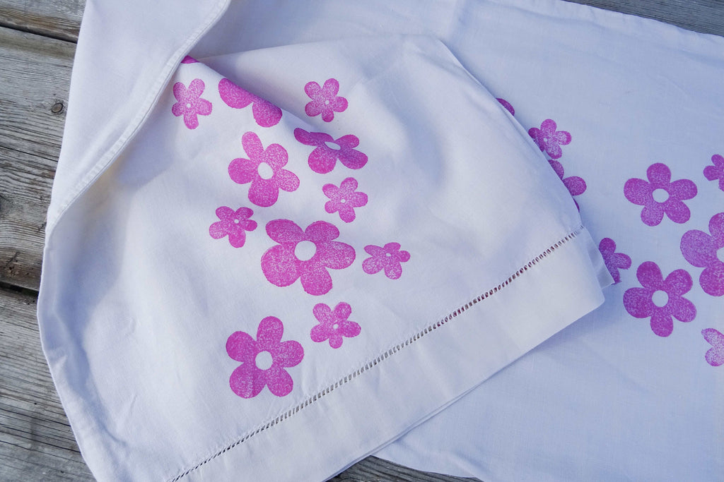 Extra long vintage French linen table runner, hand block printed