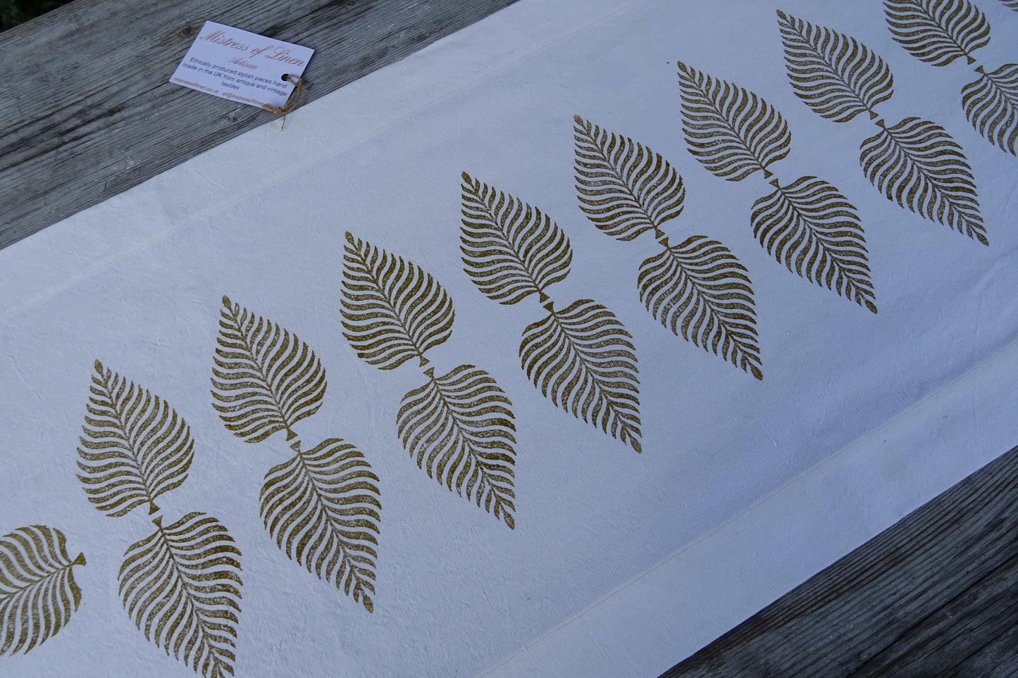 Long vintage French linen table runner, hand block printed fern leaf design