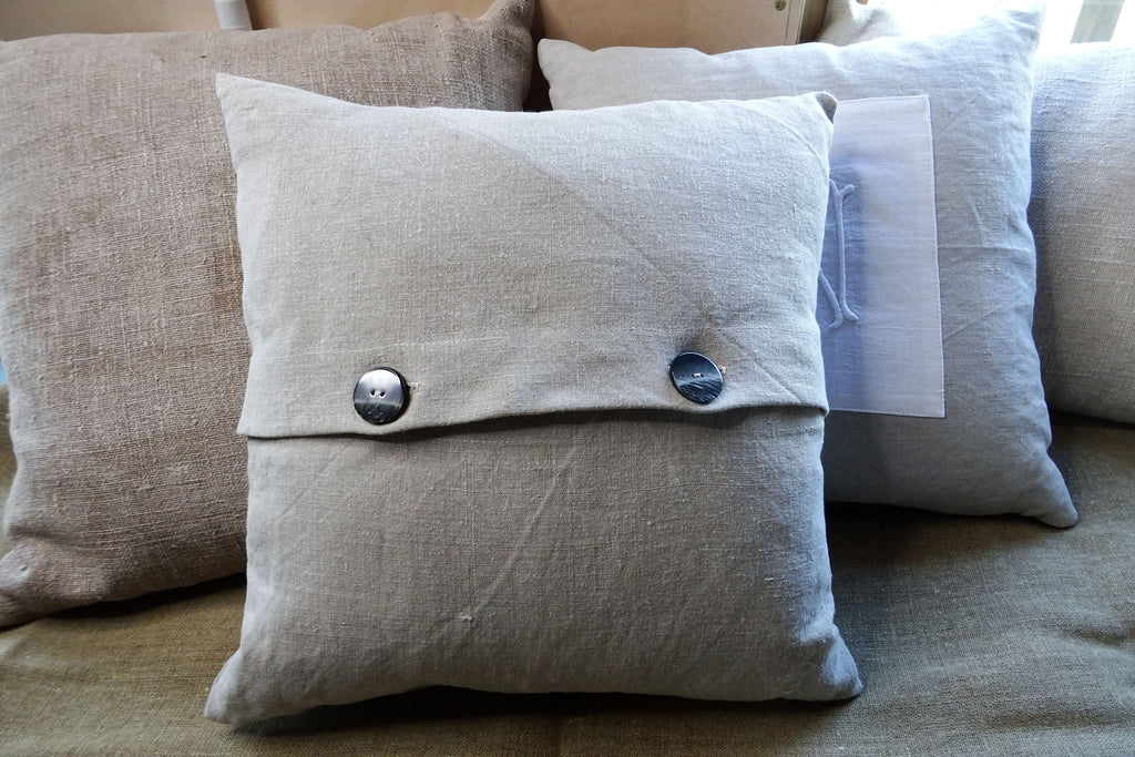 Antique hand stitched "J" monogram cushion made with antique French linen, throw pillow, gift