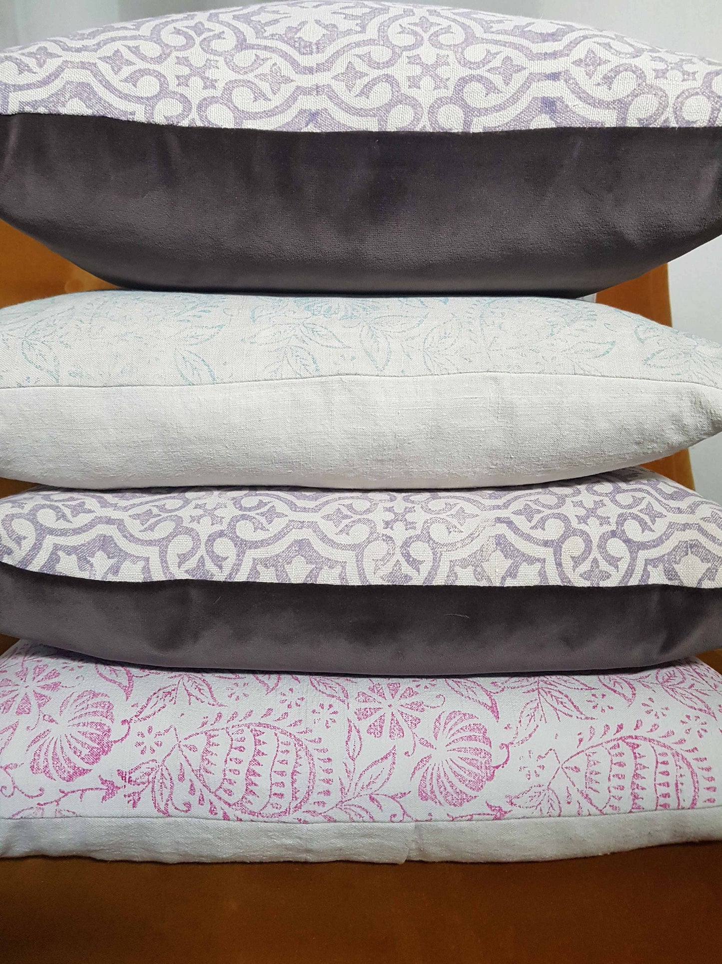 Hand printed antique French linen cushion cover, velvet back - medium
