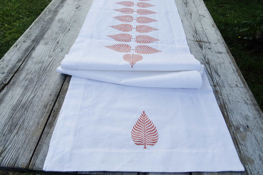 Long vintage French linen table runner, hand block printed leaf design