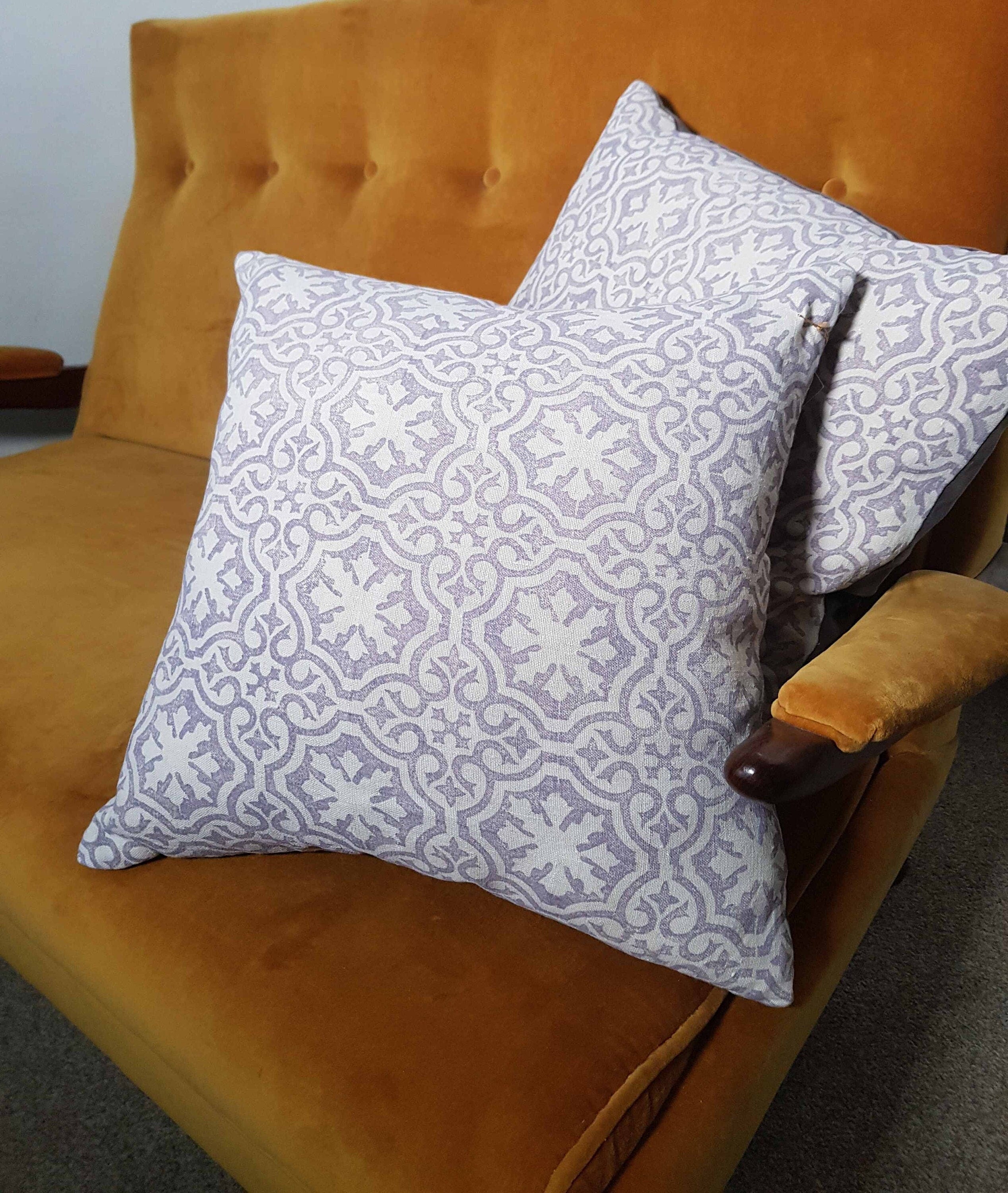 Hand printed antique French linen cushion cover, velvet back - large