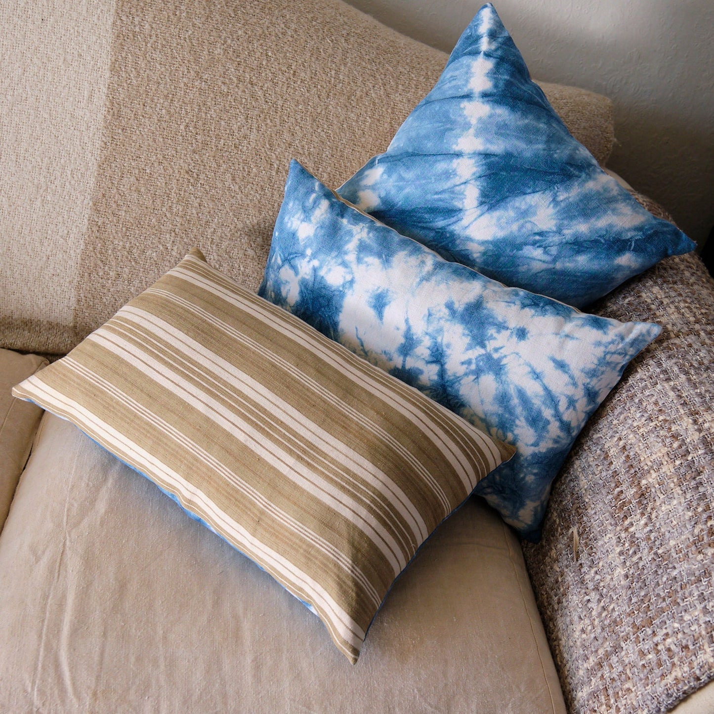 Rectangular cushion cover, indigo dyed antique French linen and striped ticking back