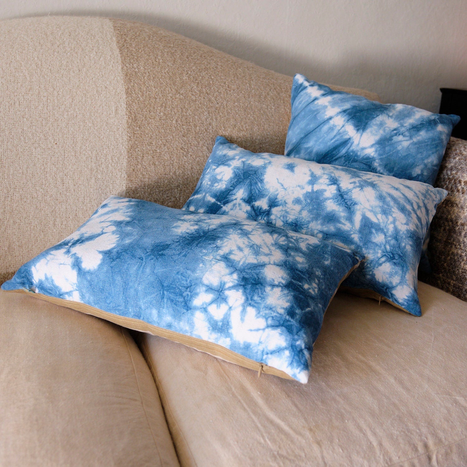 Square cushion cover, indigo dyed antique French linen and striped ticking back