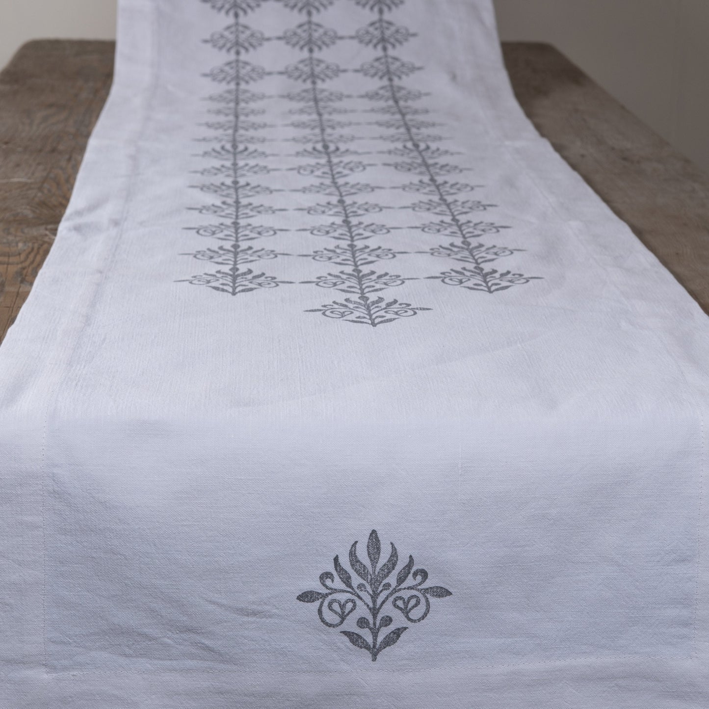 Vintage French linen table runner, hand block printed