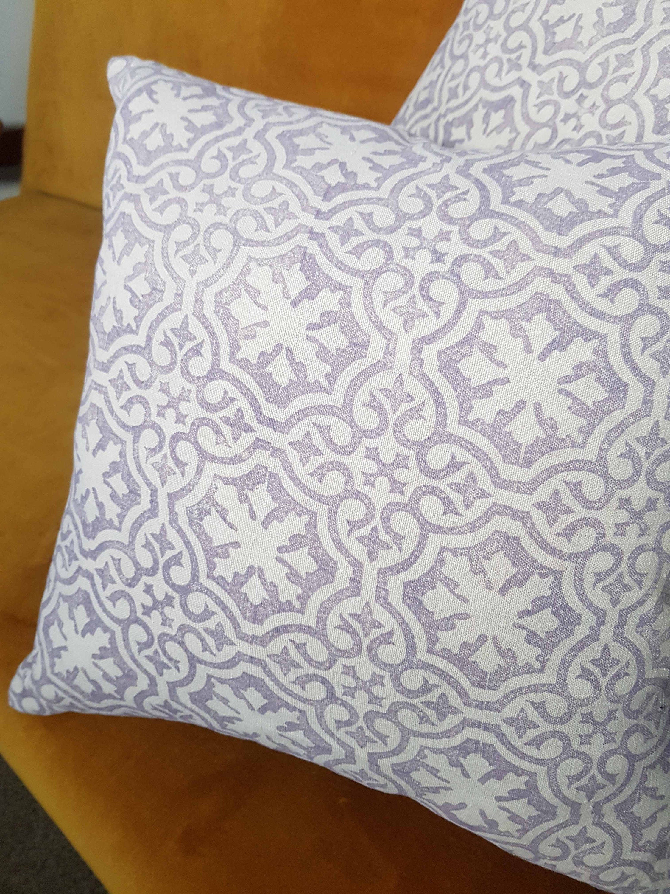 Hand printed antique French linen cushion cover, velvet back - large