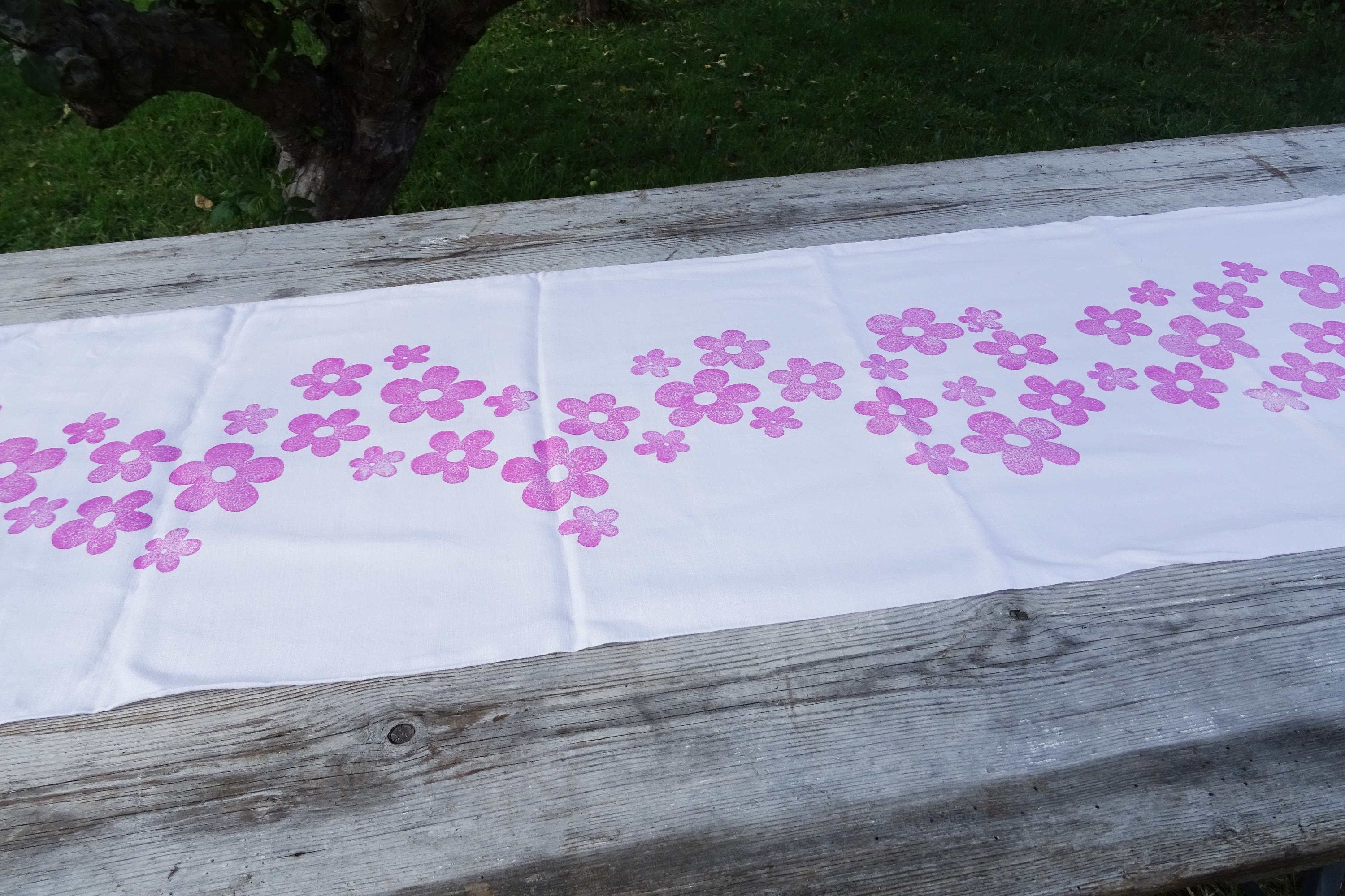 Extra long vintage French linen table runner, hand block printed