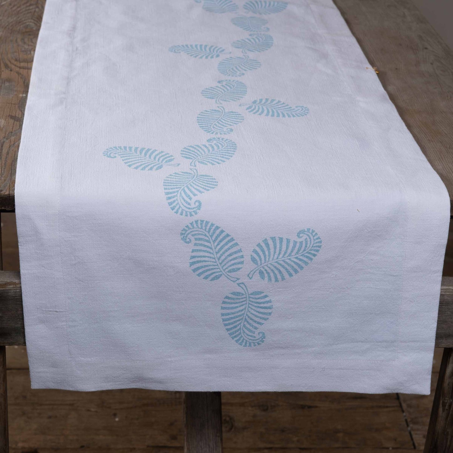 Vintage French linen table runner, hand block printed leaf design