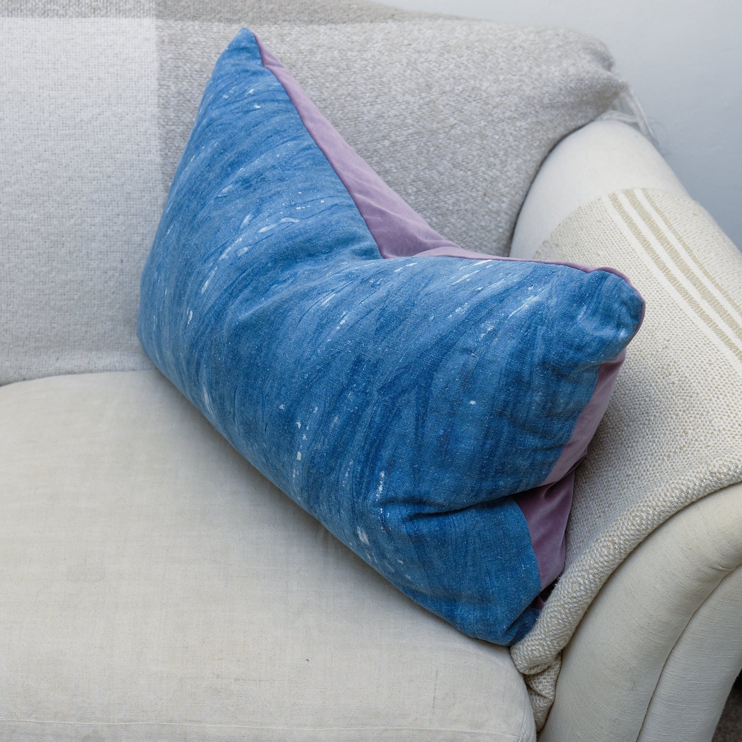 Indigo dyed antique French linen cushion cover, velvet back