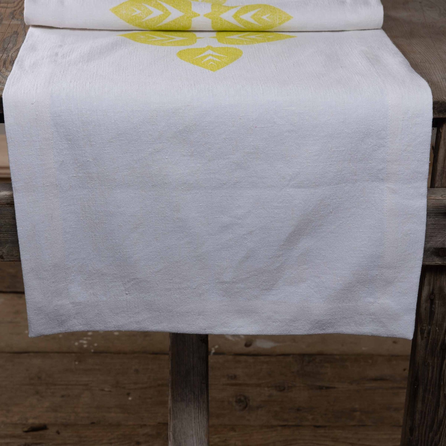 Vintage French linen table runner, hand block printed leaf design