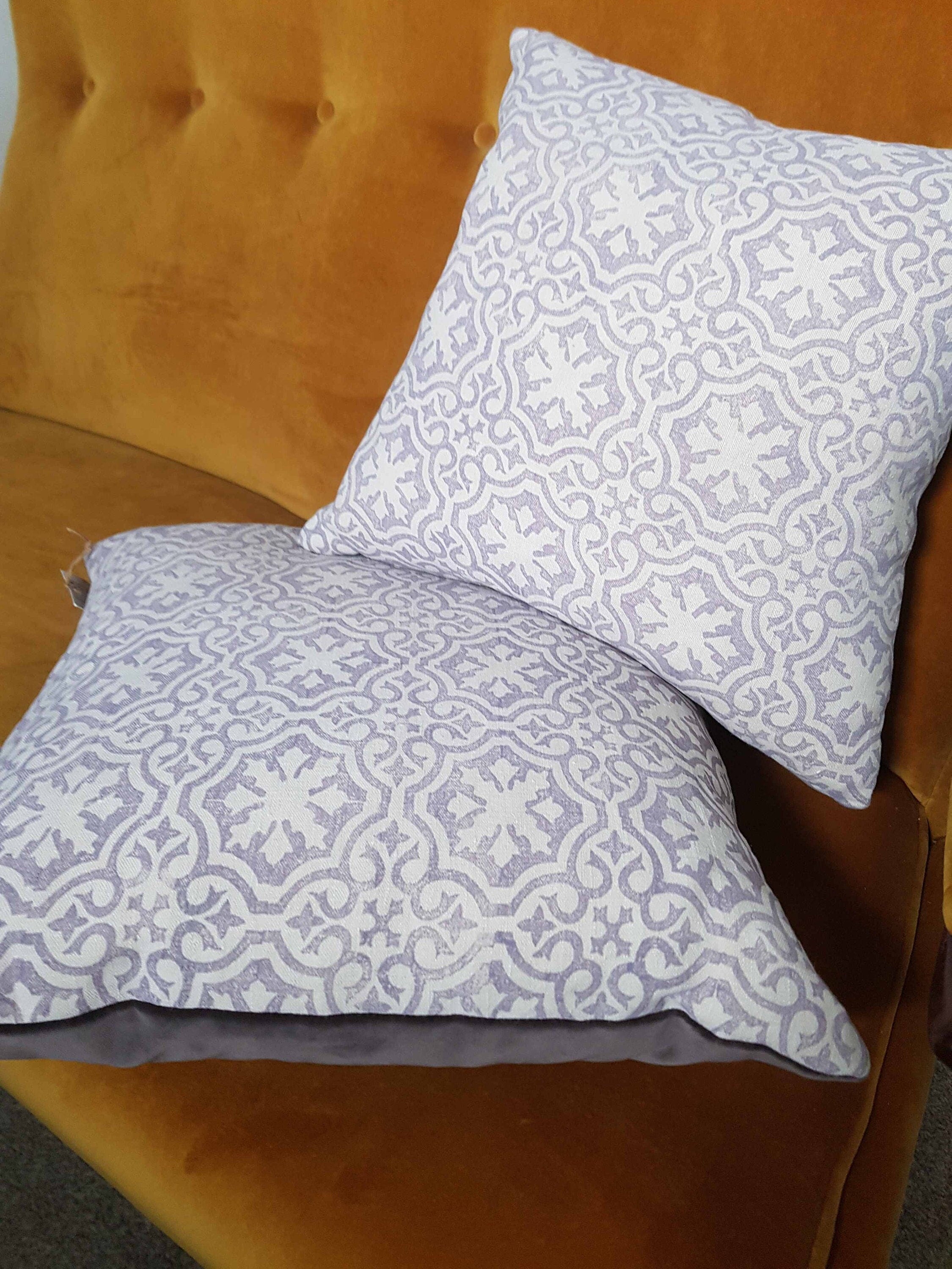 Hand printed antique French linen cushion cover, velvet back - large