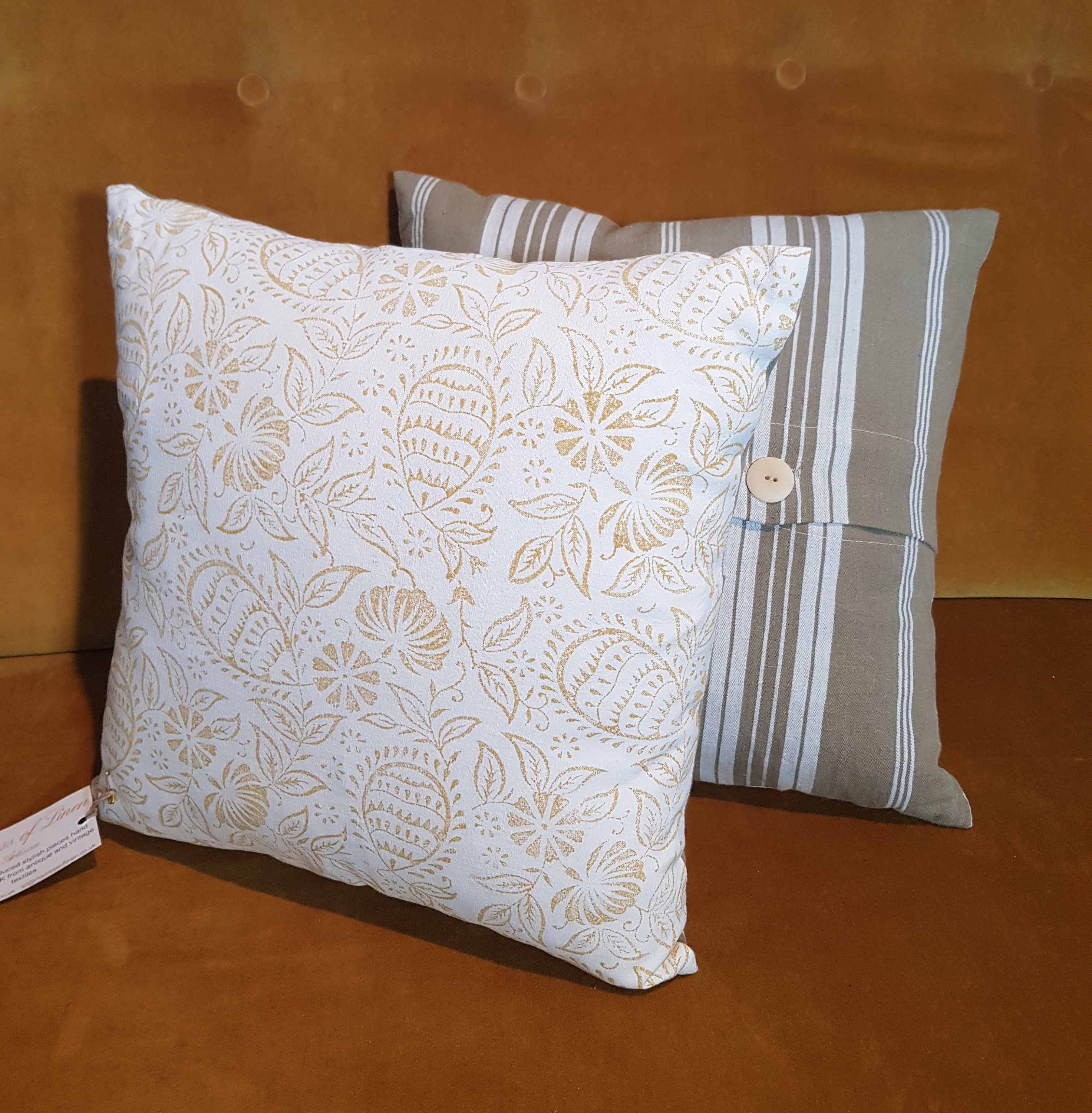 Hand made printed cushion cover,  antique French linen