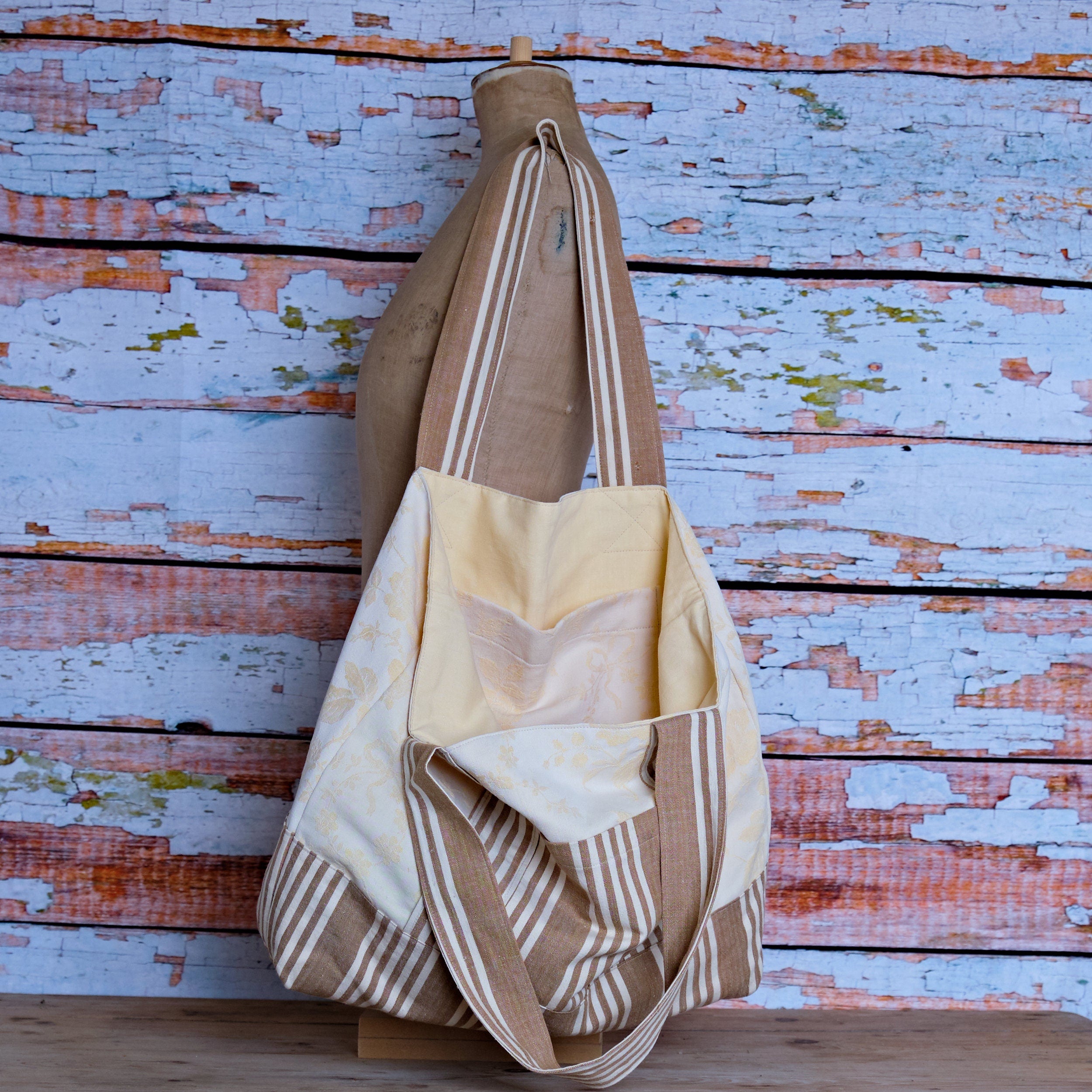 Extra Large Tote Bag: Antique French Damask & Linen