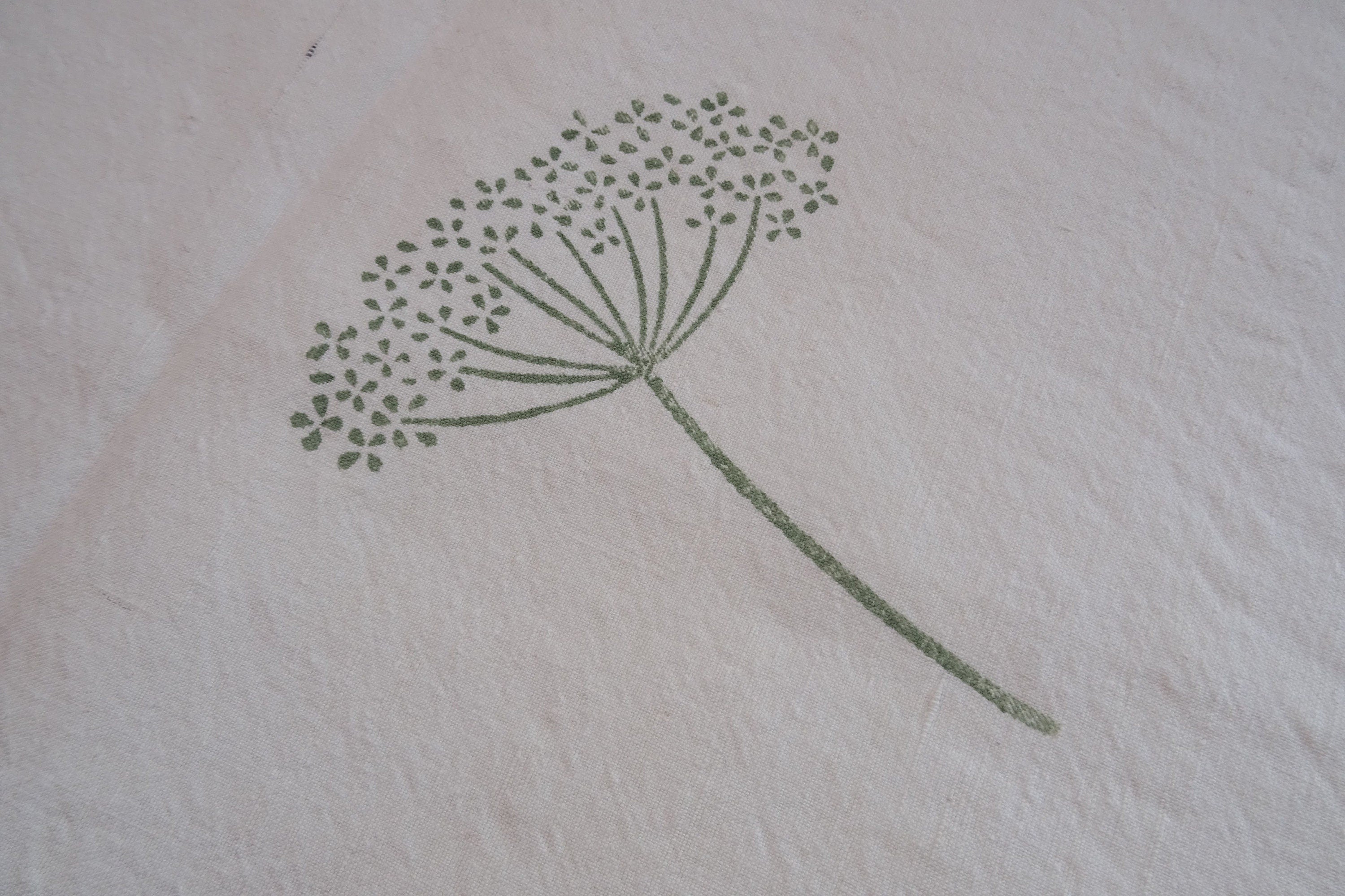 Extra long vintage French linen table runner, hand block printed seedhead design