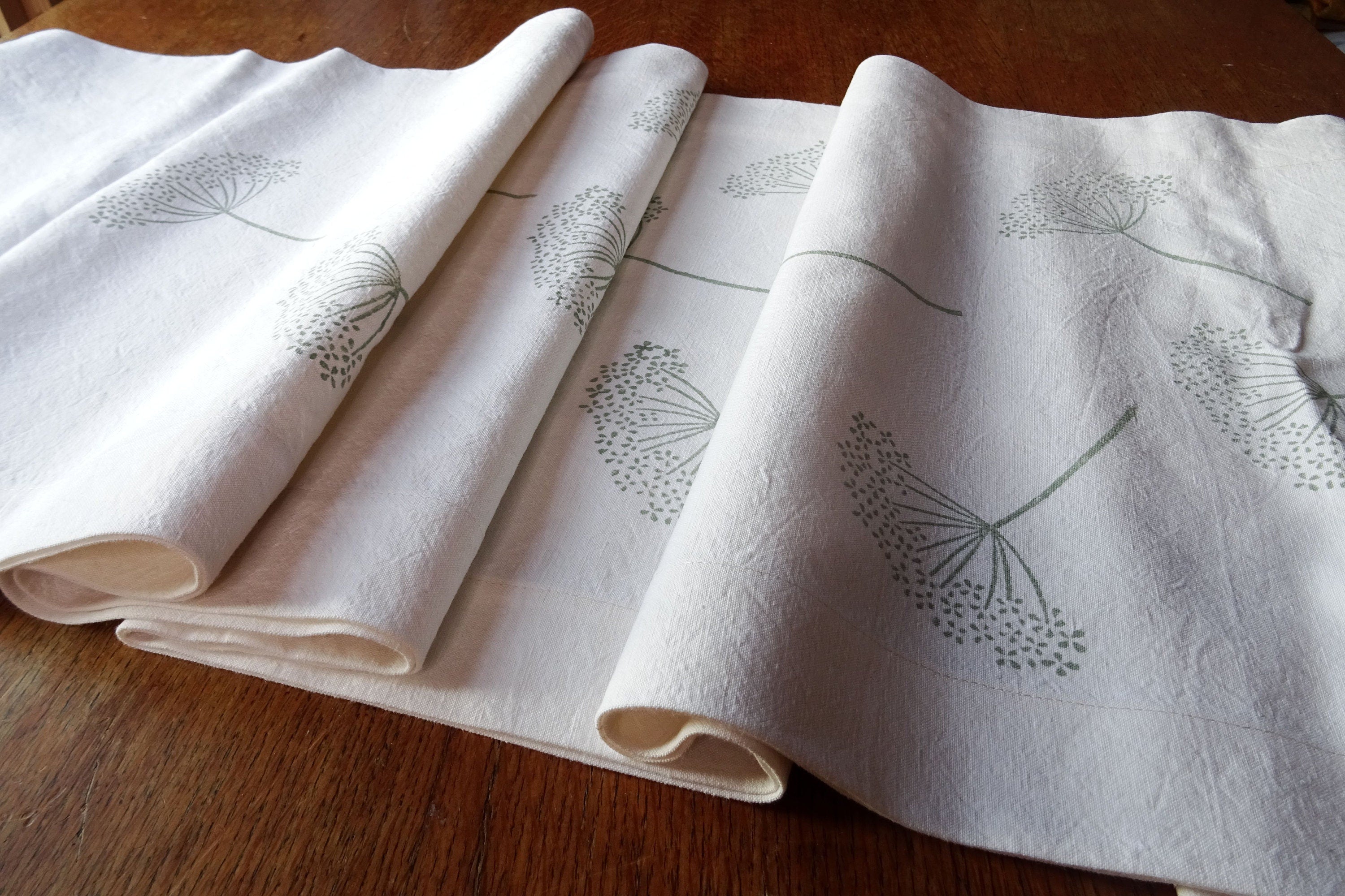 Extra long vintage French linen table runner, hand block printed seedhead design