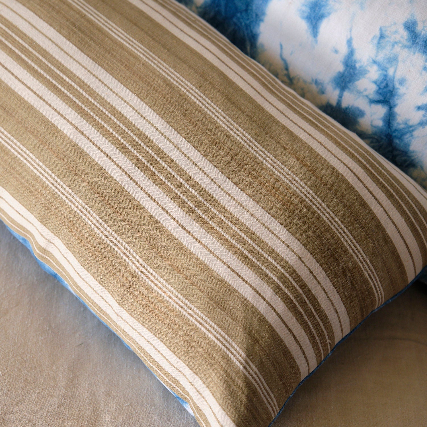 Square cushion cover, indigo dyed antique French linen and striped ticking back