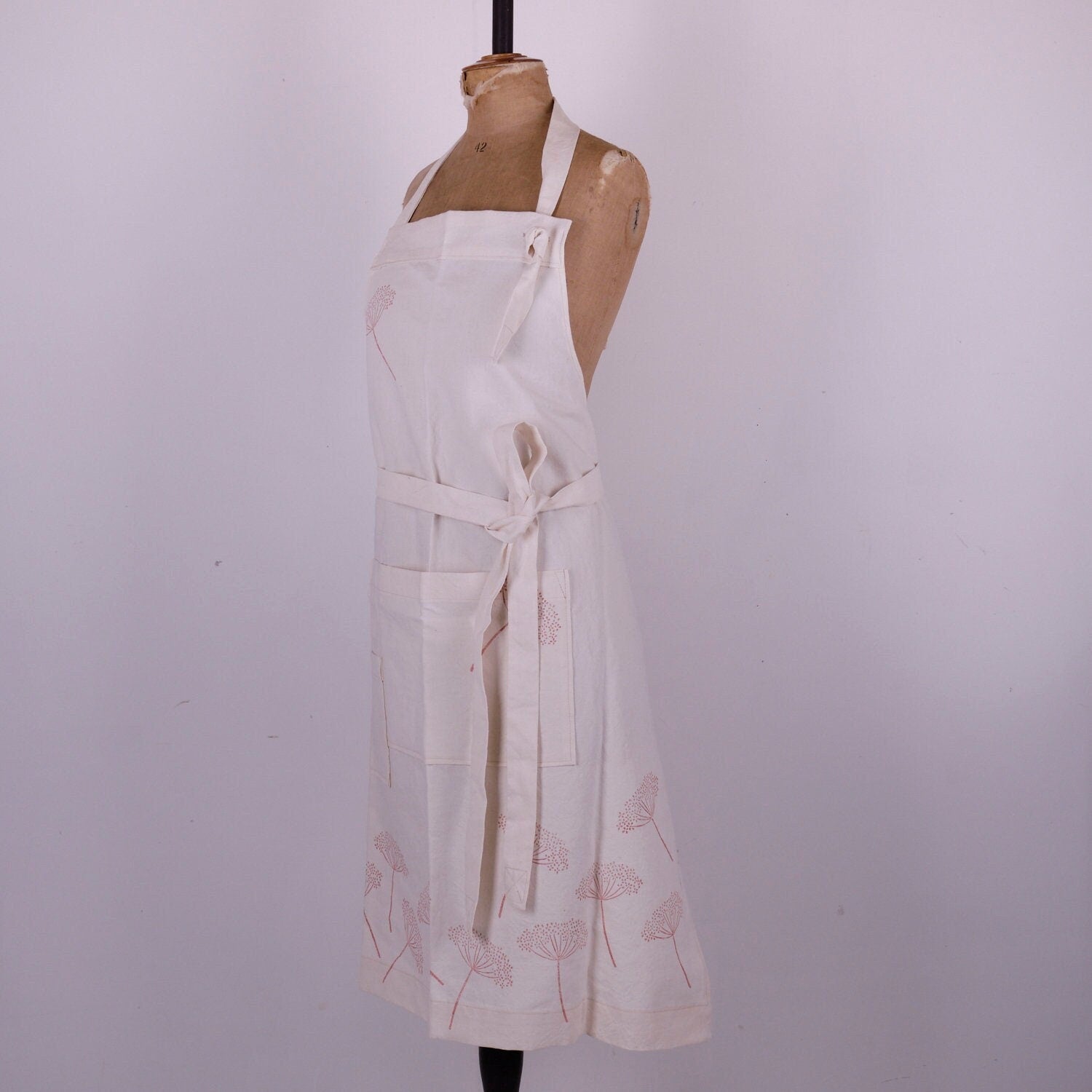 Hand Block Printed Linen Apron: Vintage French Style, Adjustable Neck