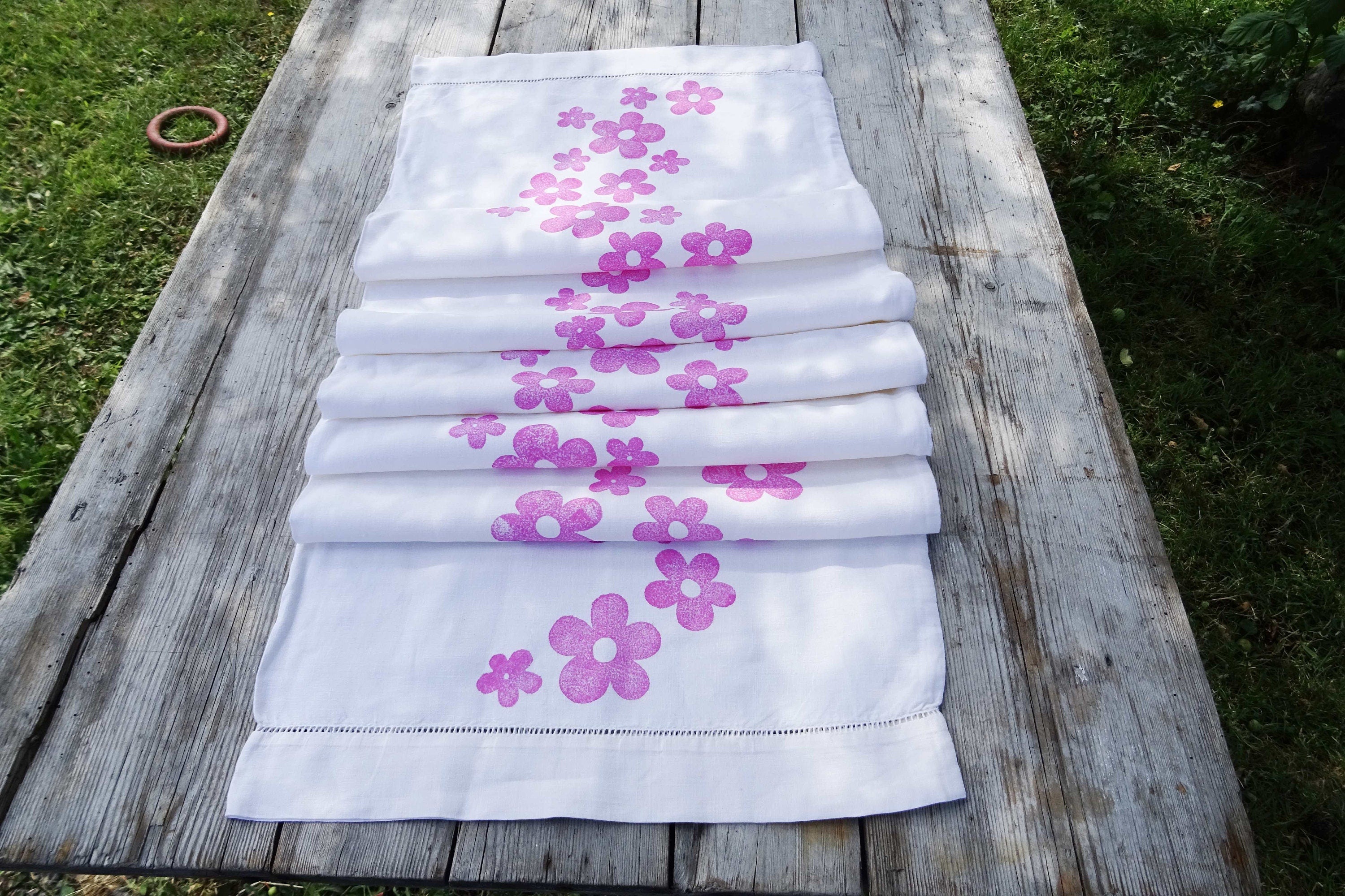 Extra long vintage French linen table runner, hand block printed