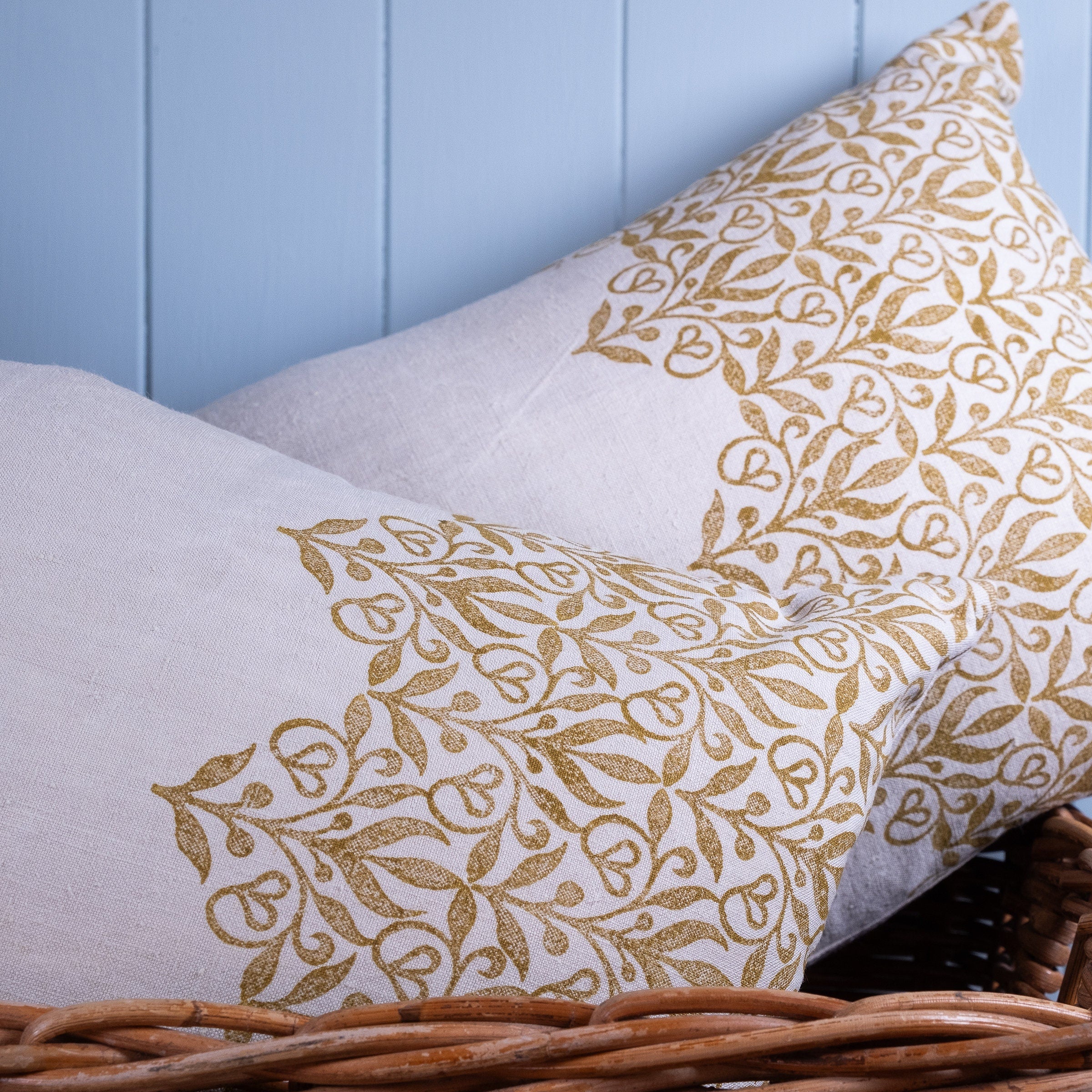 Handmade in house, block printed antique French linen cushion cover