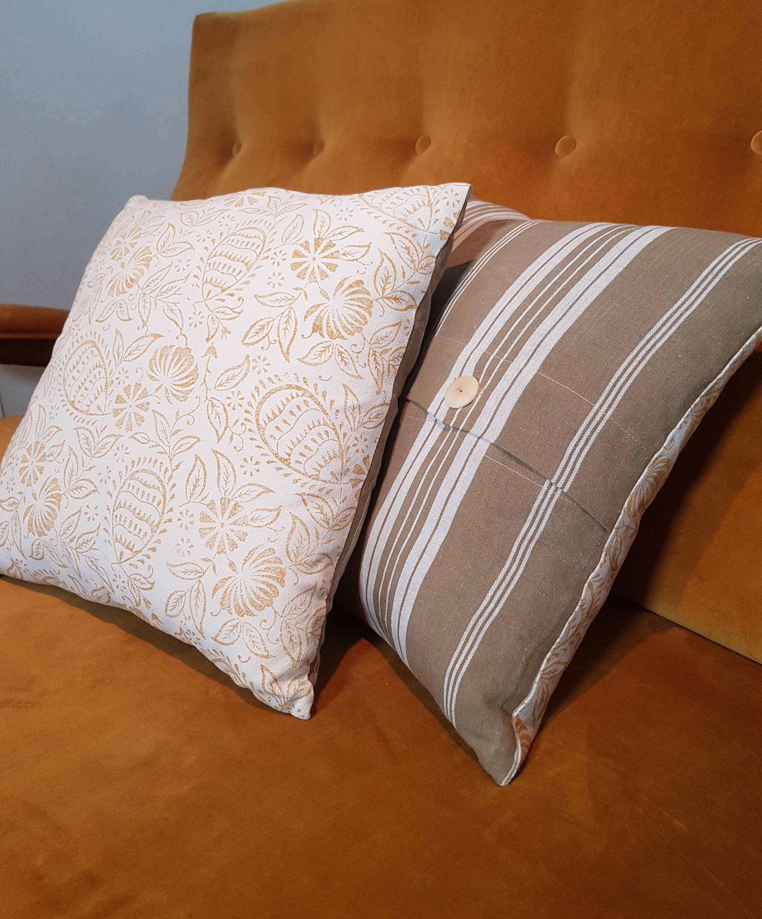 Hand made printed cushion cover,  antique French linen