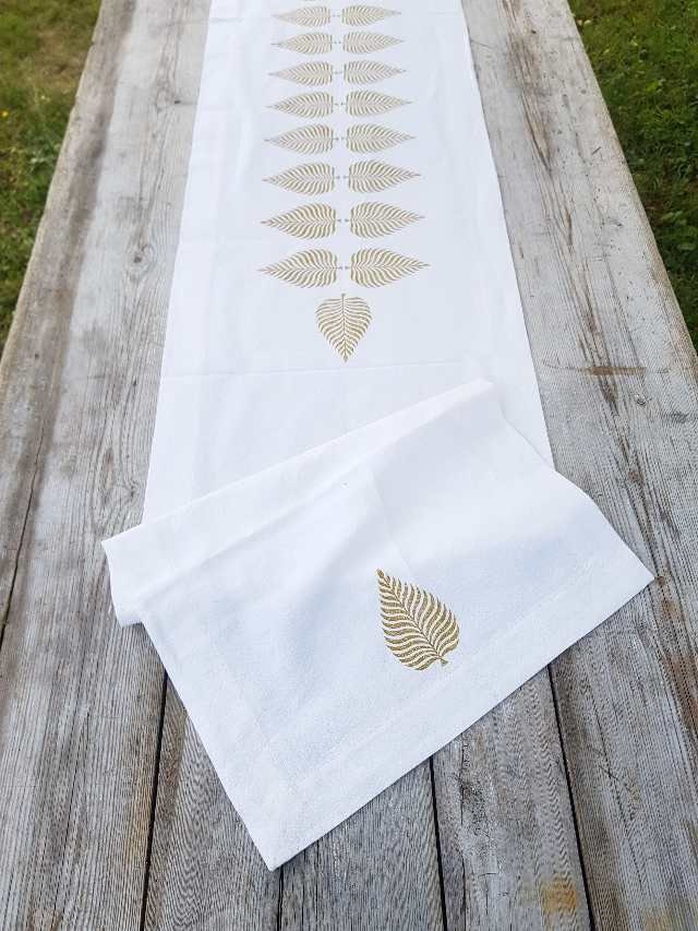 Long vintage French linen table runner, hand block printed fern leaf design