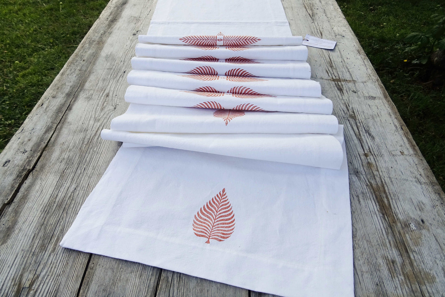 Long vintage French linen table runner, hand block printed leaf design