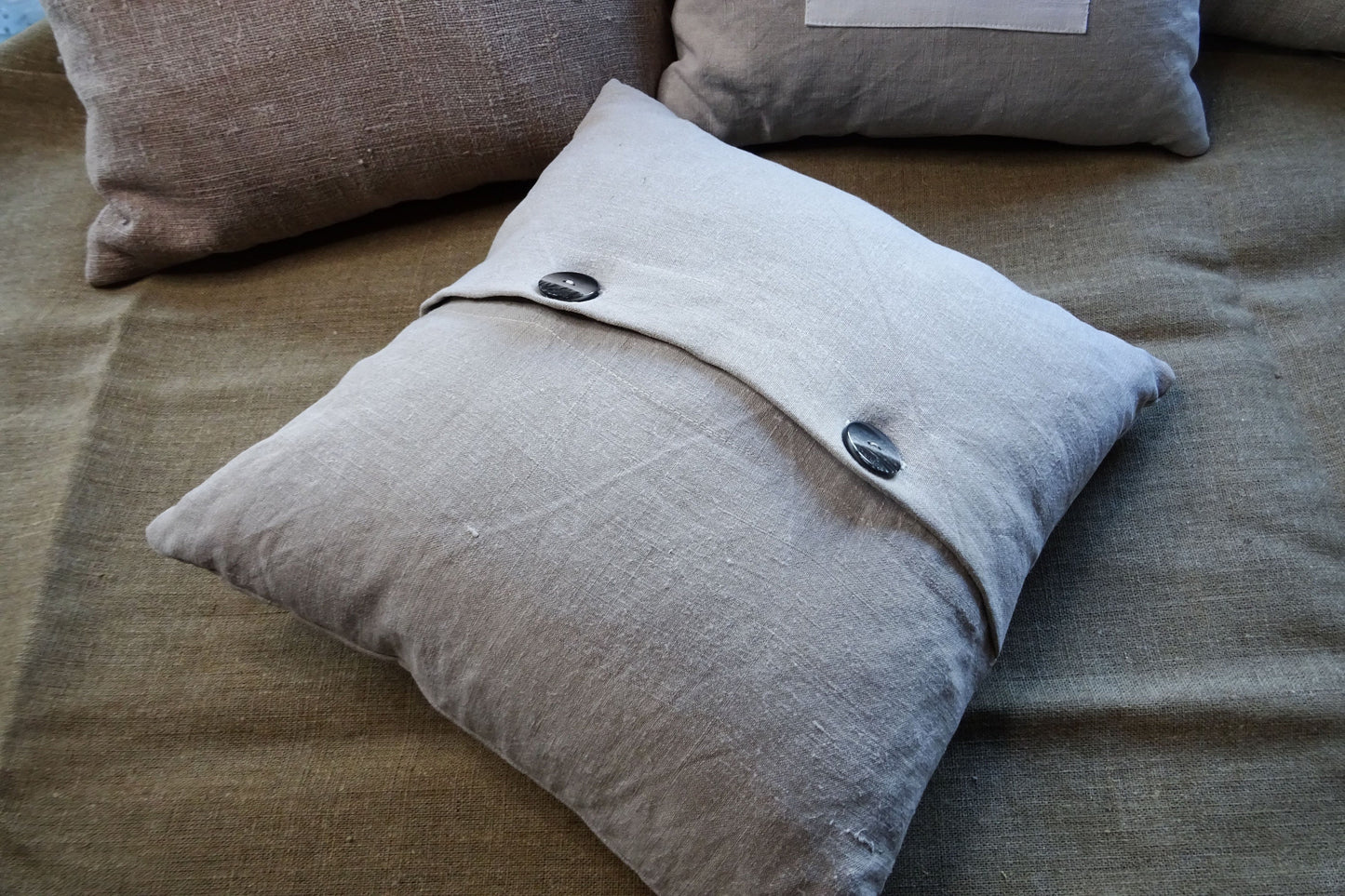 Antique hand stitched "J" monogram cushion made with antique French linen, throw pillow, gift