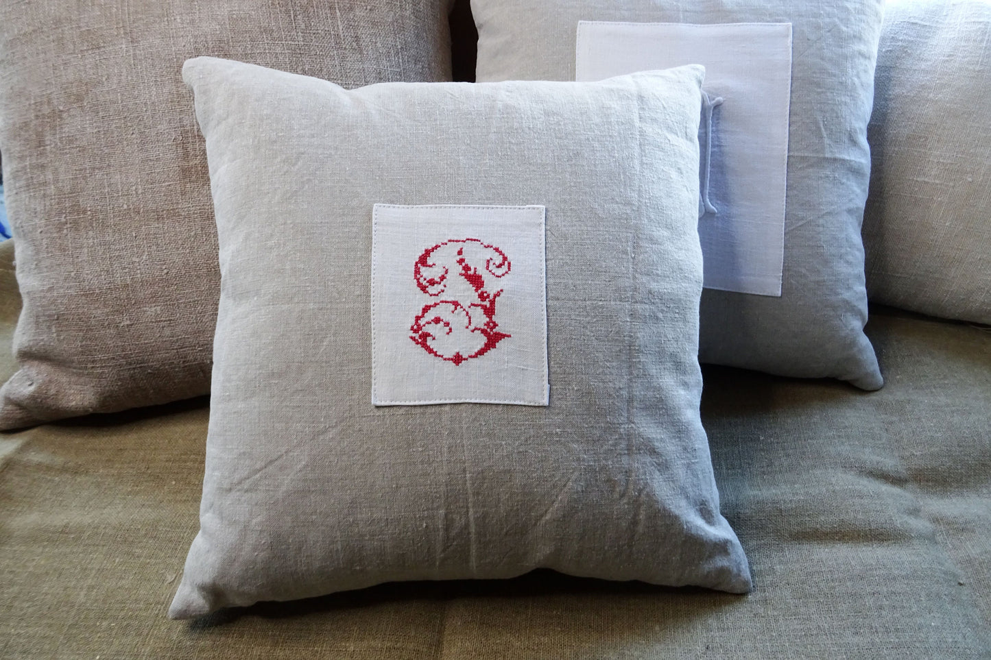 Antique hand stitched "J" monogram cushion made with antique French linen, throw pillow, gift
