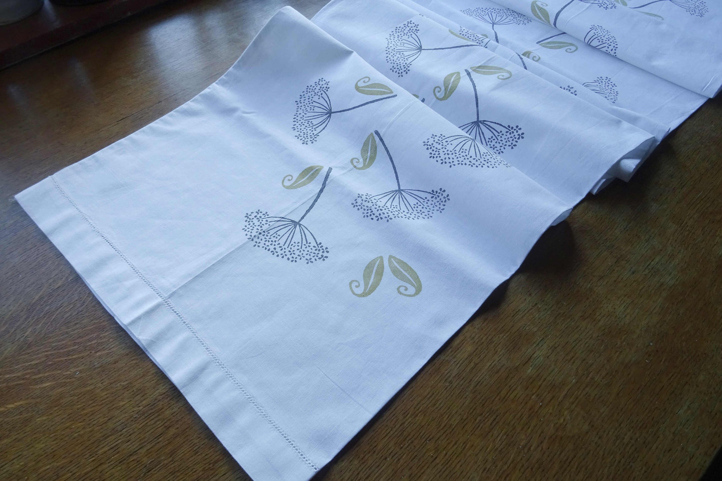 Vintage French linen table runner, hand block printed