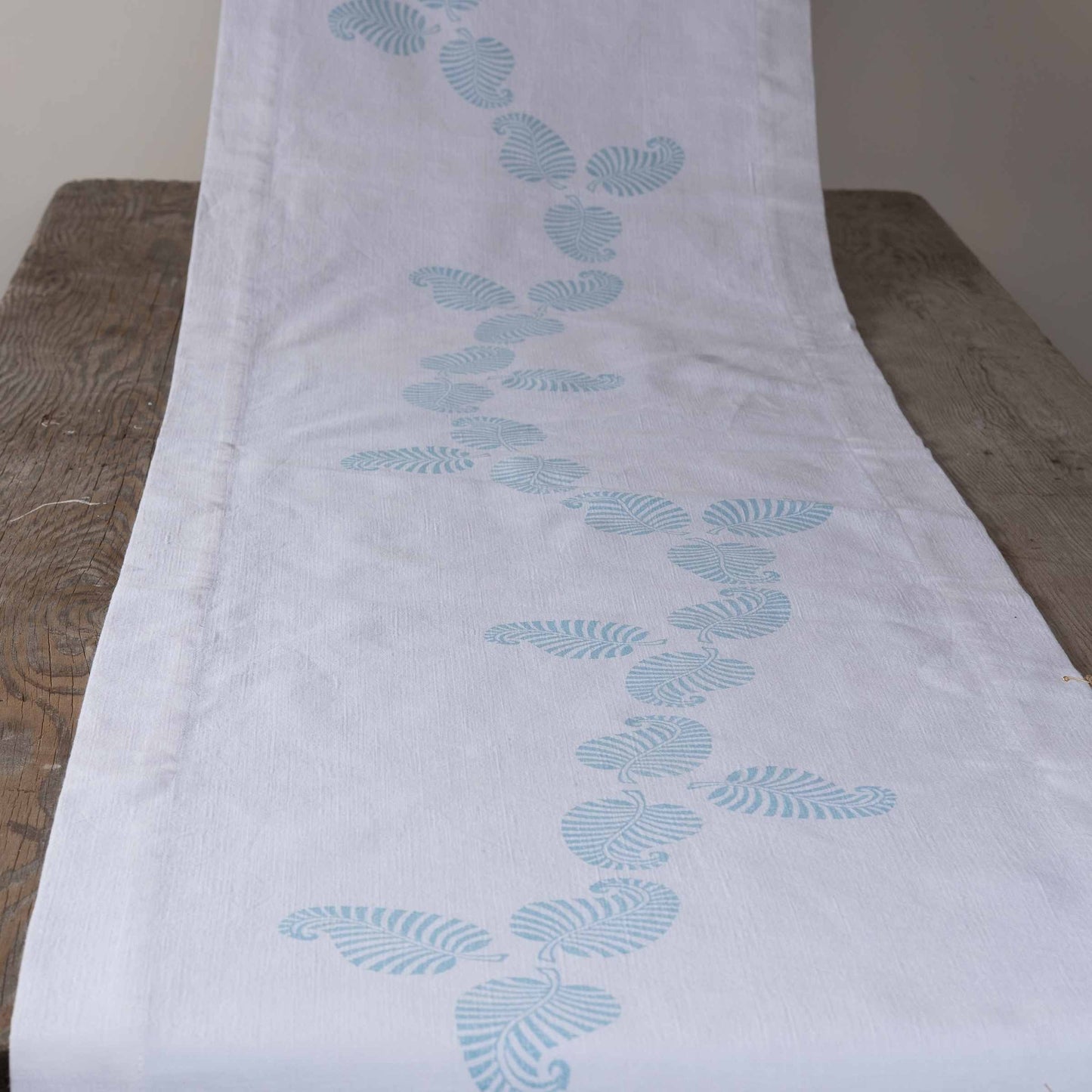 Vintage French linen table runner, hand block printed leaf design