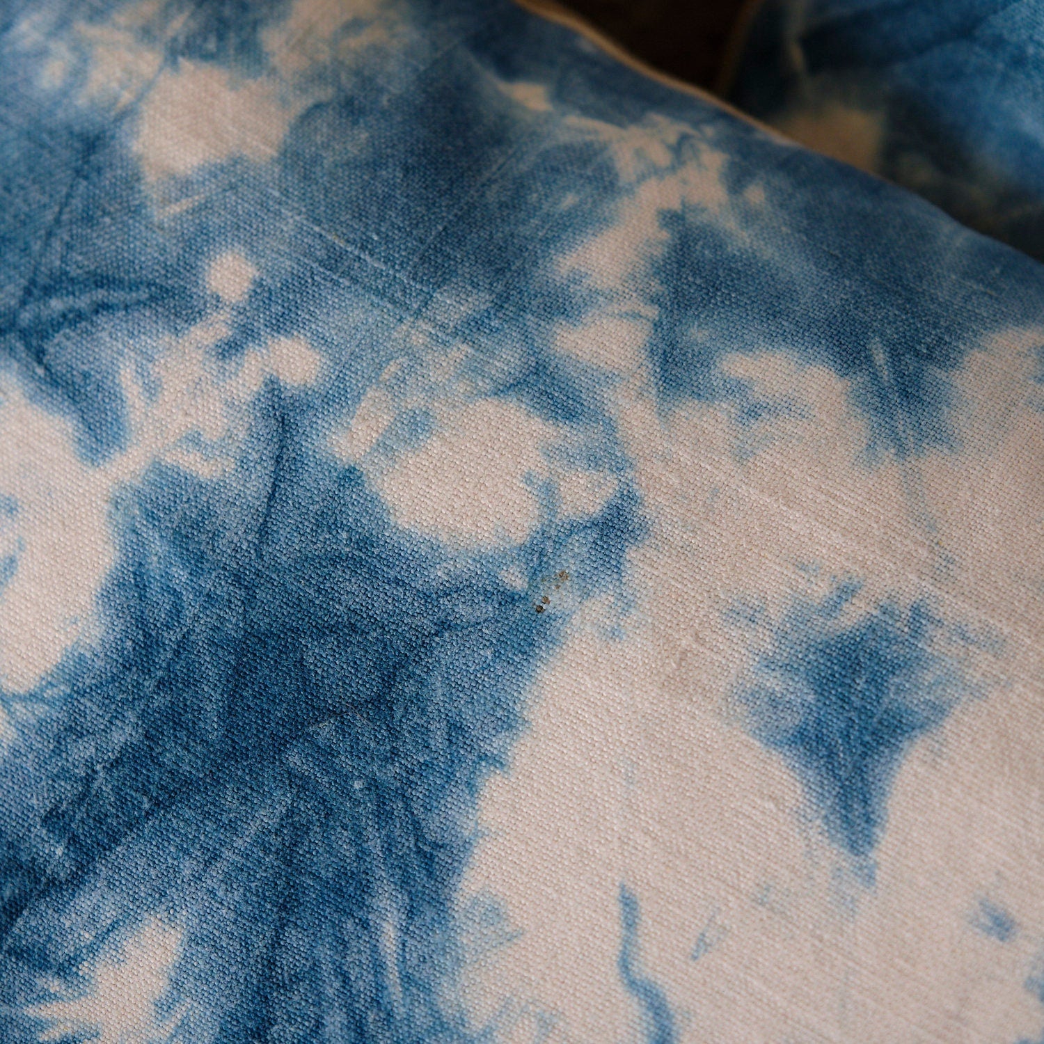 Rectangular cushion cover, indigo dyed antique French linen and striped ticking back